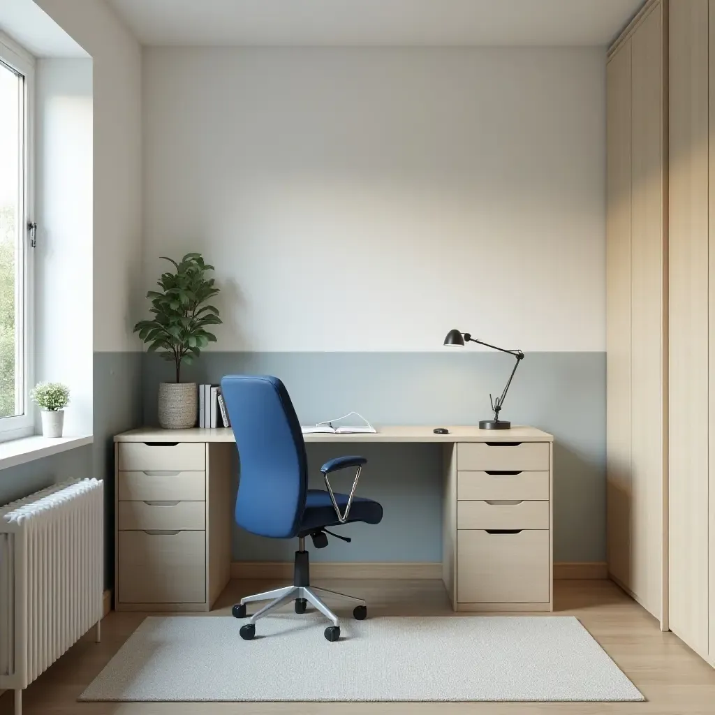 a photo of a cream and blue home office corner with a stylish desk and ergonomic chair