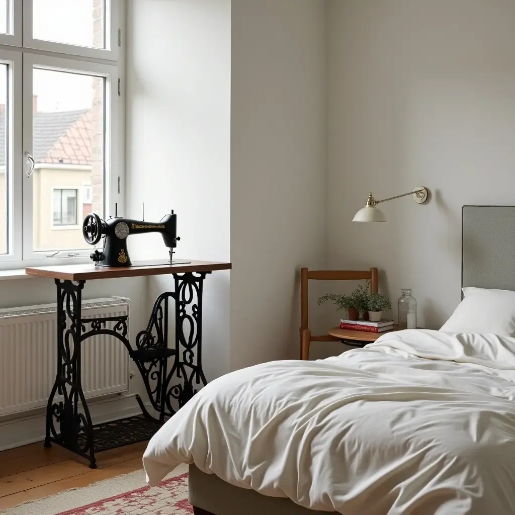 a photo of a modern bedroom with a vintage sewing machine as a unique decor piece