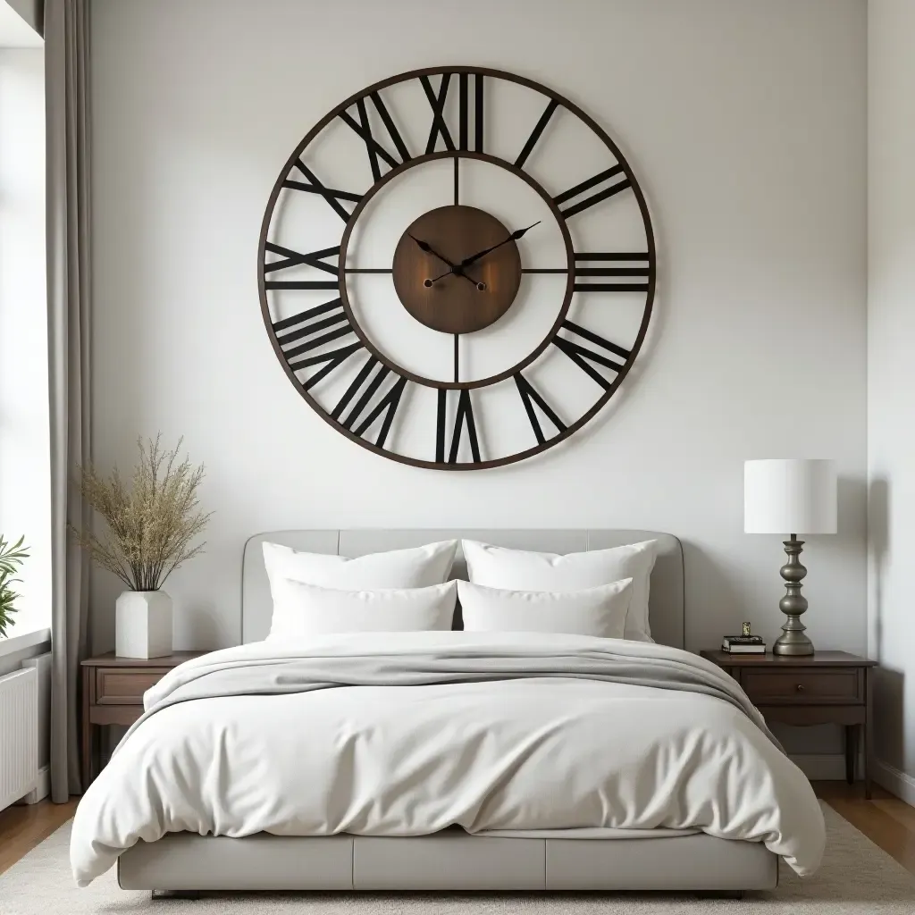 a photo of a bedroom featuring a large metal wall clock