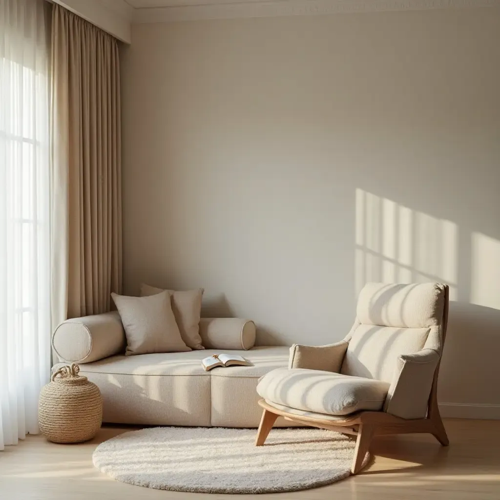 a photo of a cozy reading nook with minimalist furniture