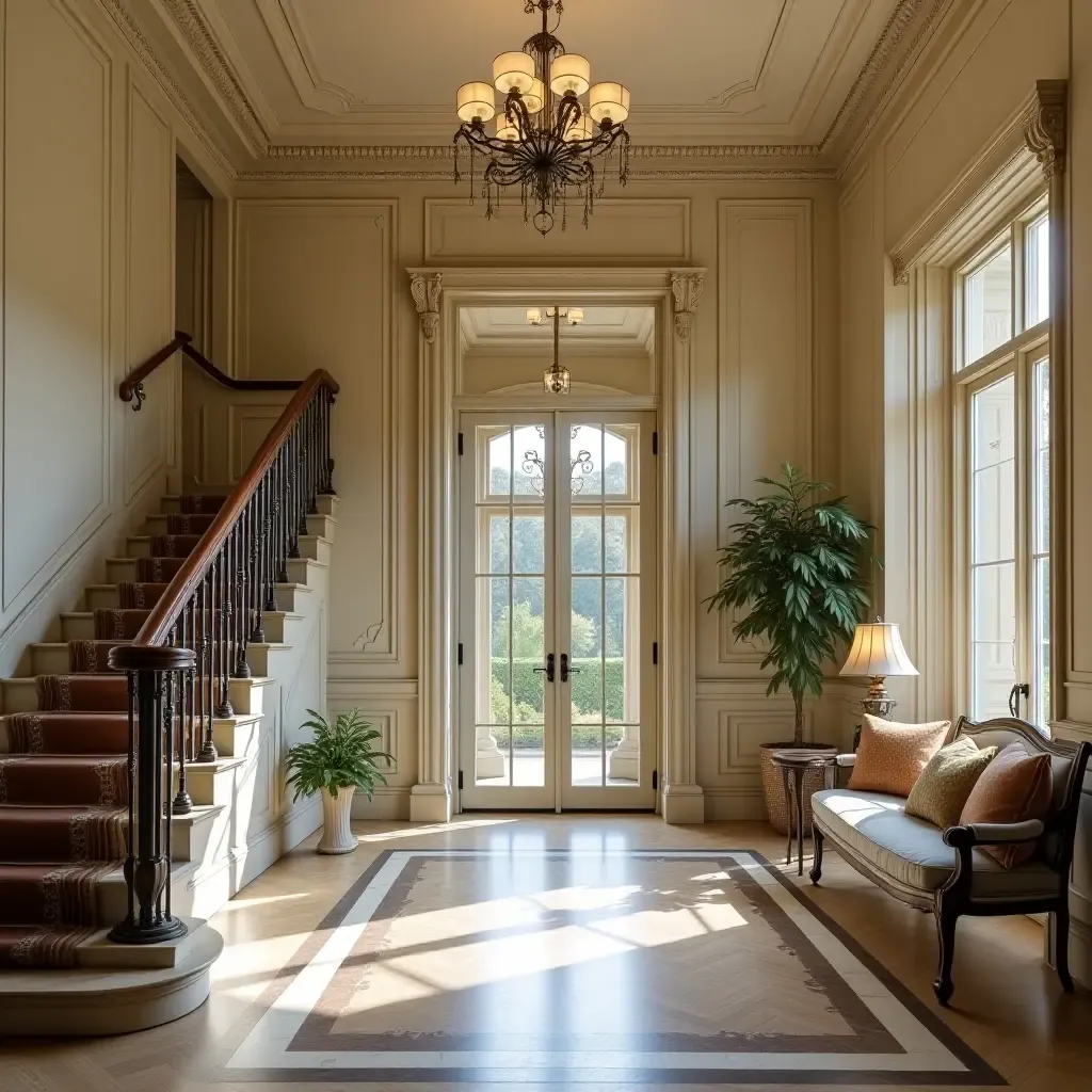 a photo of an elegant foyer with a grand staircase and ornate details