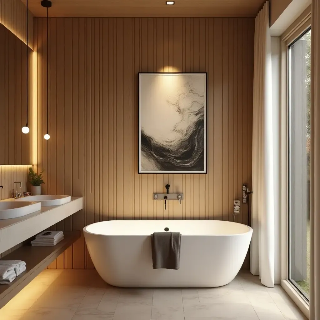 a photo of a wooden feature wall with artwork in a relaxing bathroom