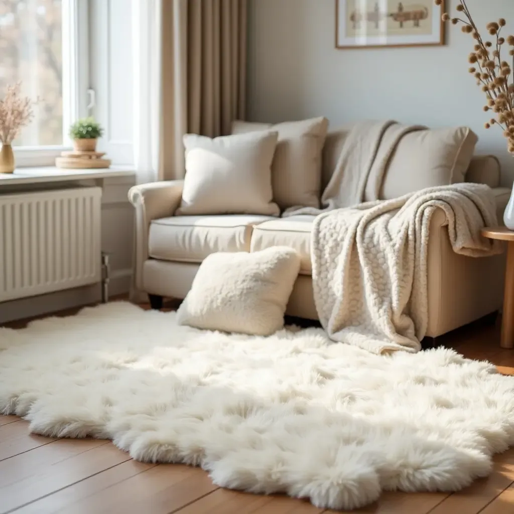 a photo of a soft, plush rug in a cozy corner with cushions