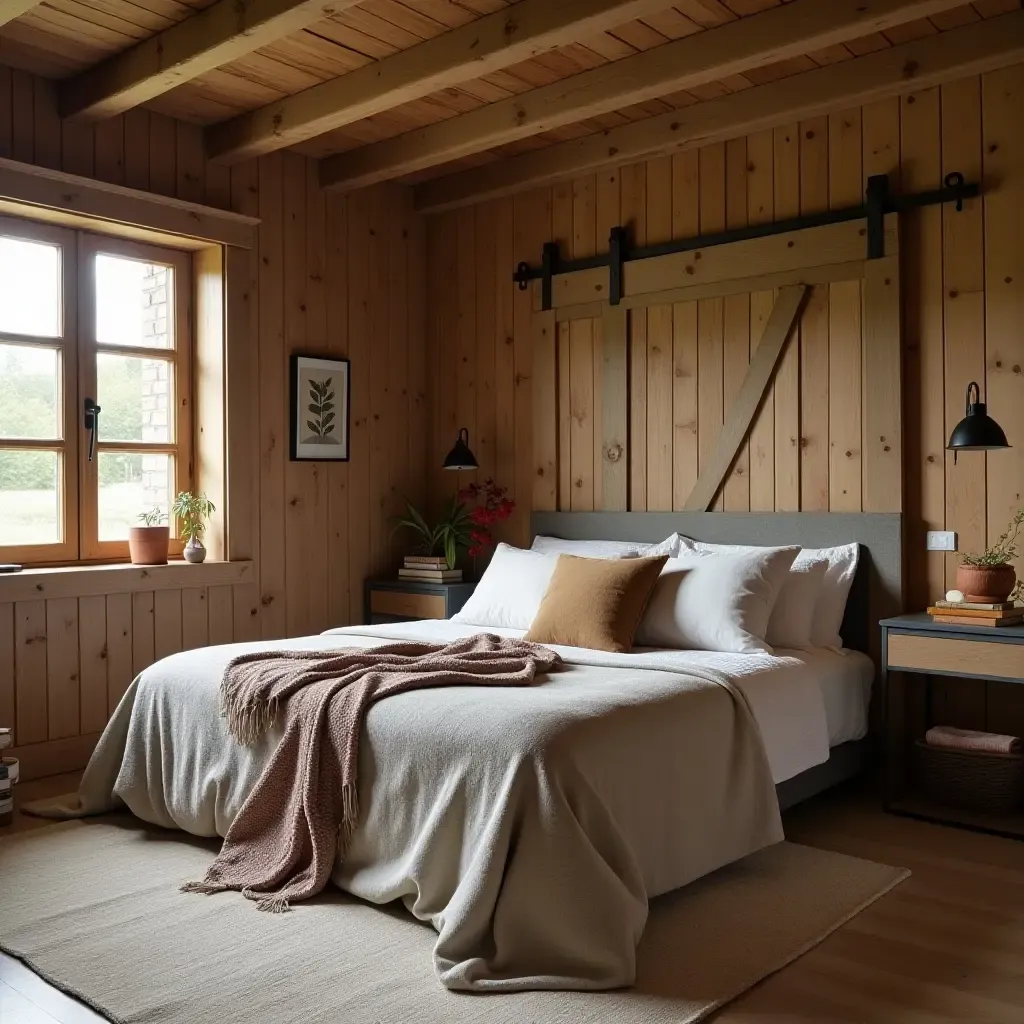 a photo of a rustic-themed bedroom with a barn door and cozy textiles