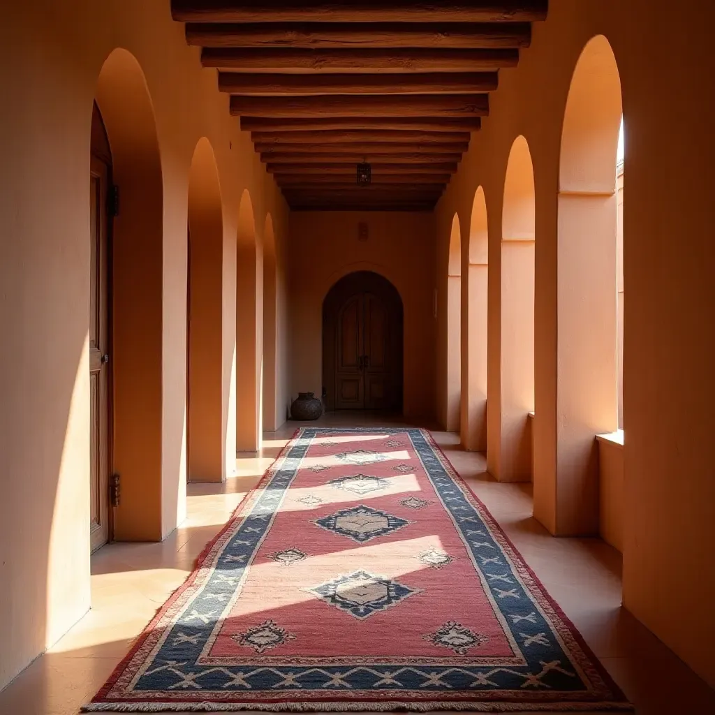 a photo of a tribal-patterned rug in a culturally rich hallway