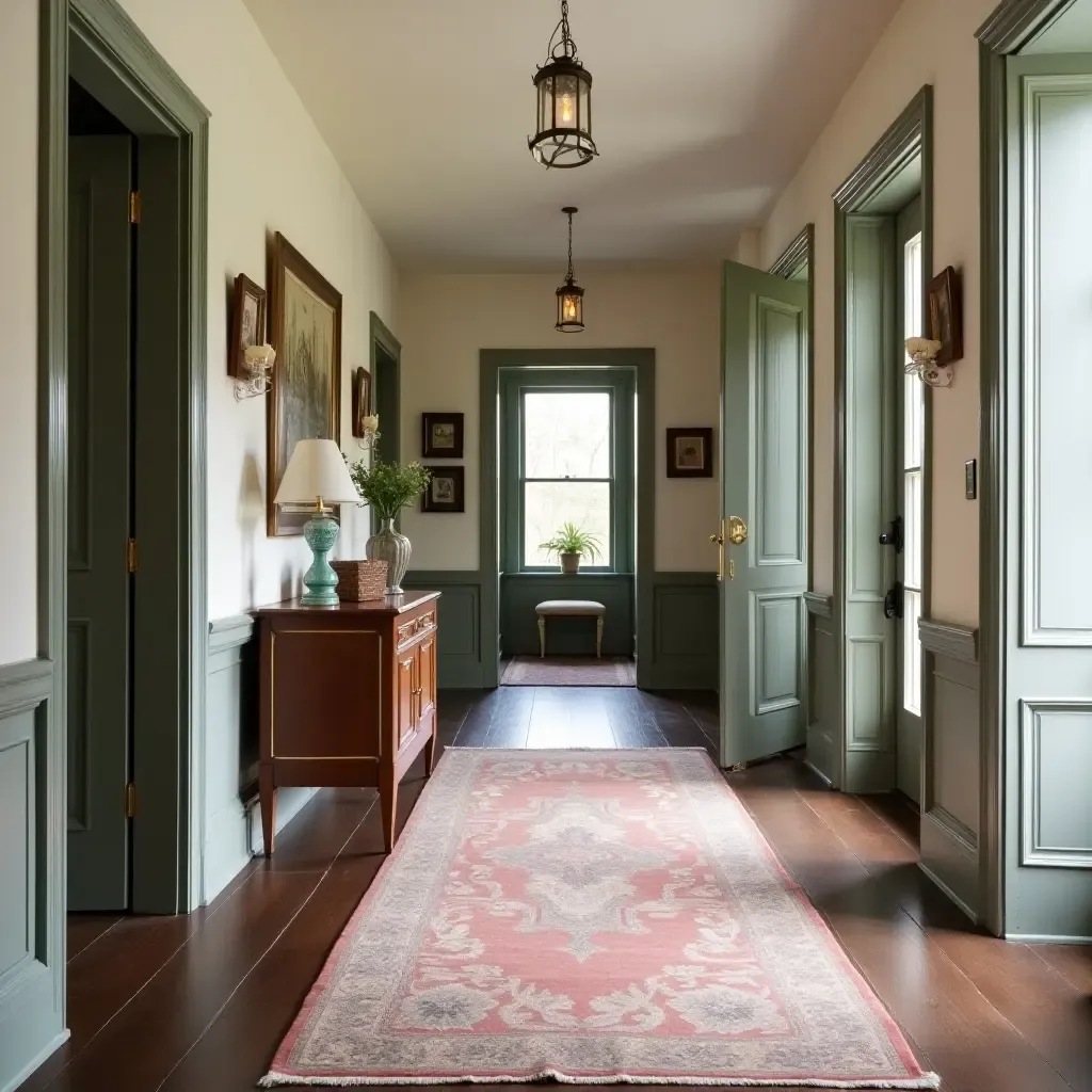 a photo of an inviting hallway with a mix of vintage and modern decor