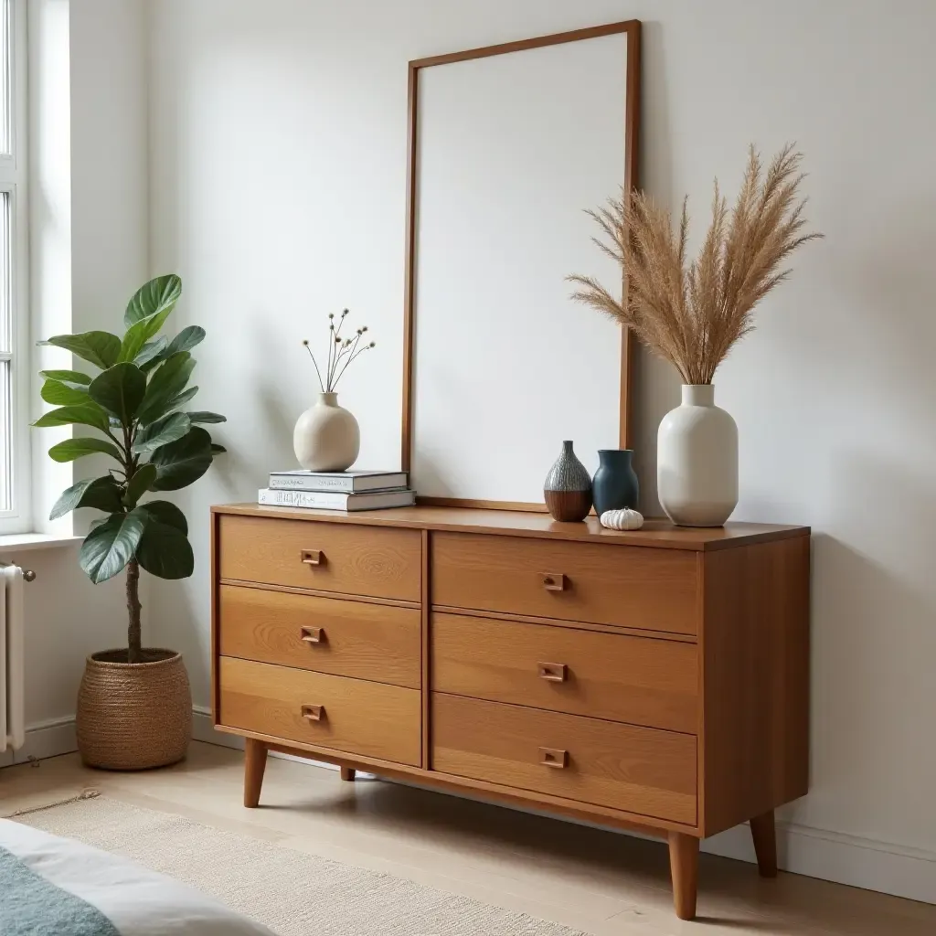 a photo of a modern bedroom featuring a vintage wooden dresser and contemporary decor