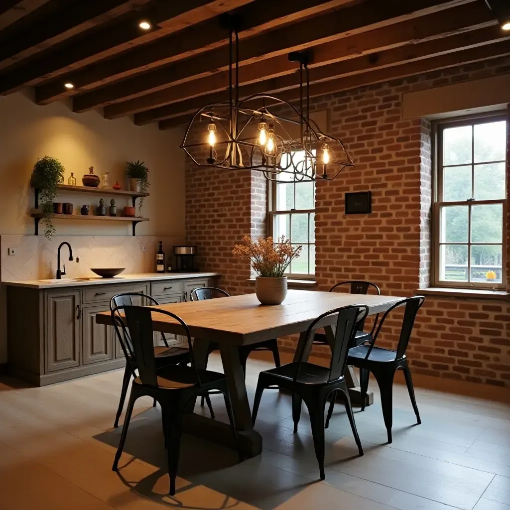 a photo of a rustic dining area with metal chairs and wood table in a basement