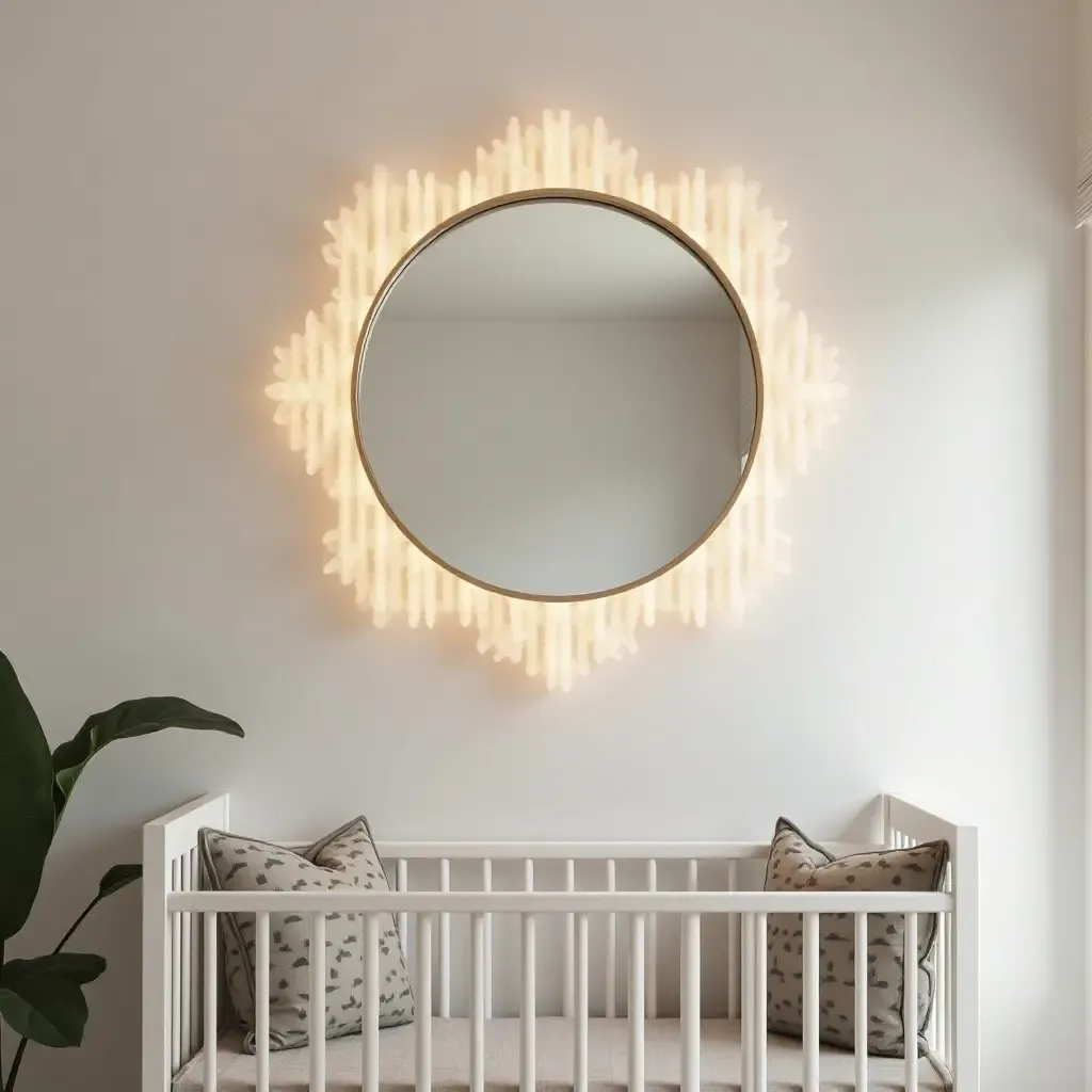 a photo of a nursery with a unique mirrored light fixture