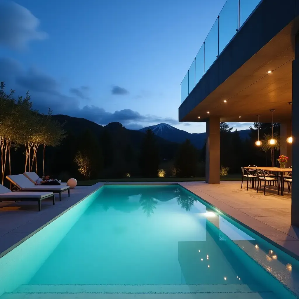 a photo of a contemporary pool deck with sleek pendant lights