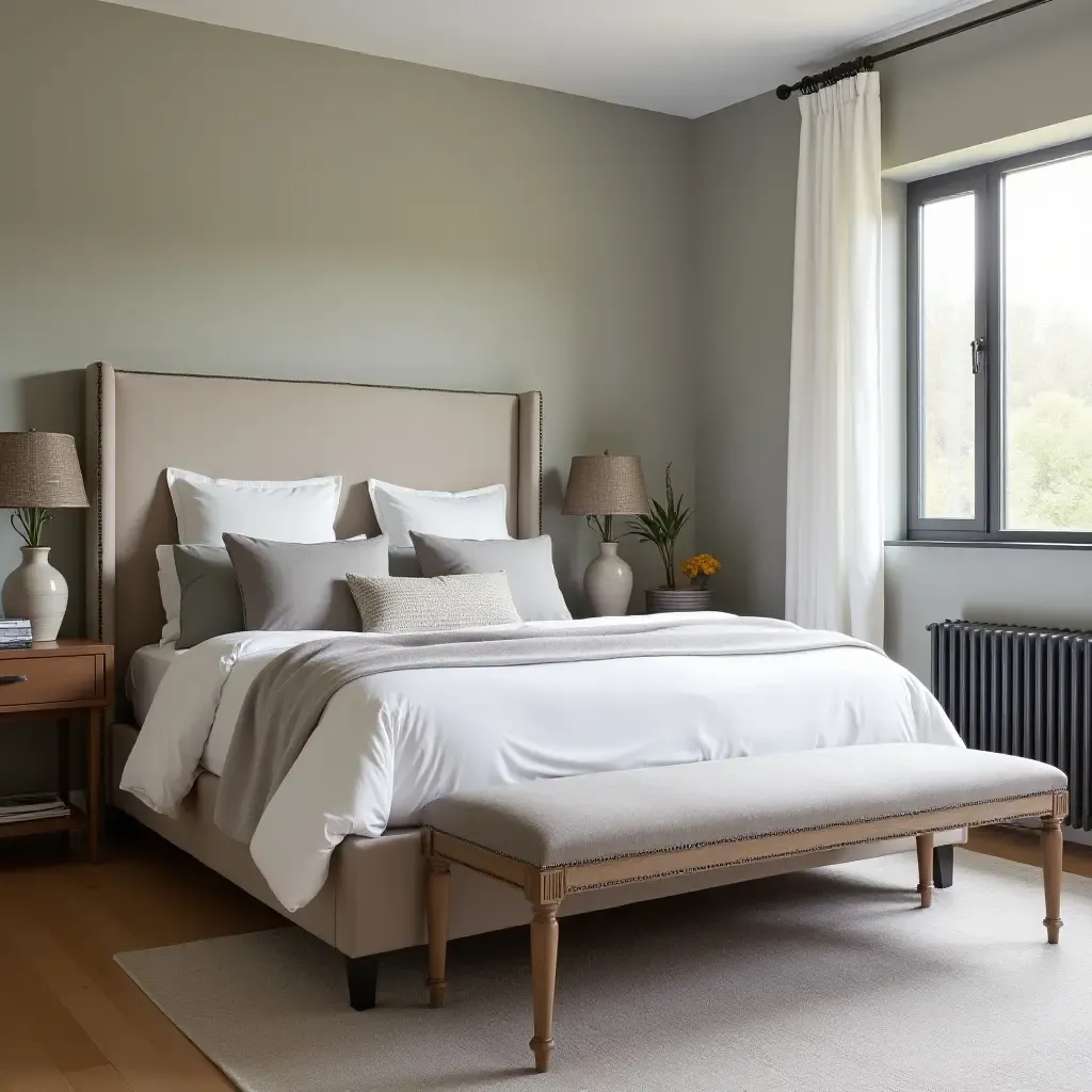 a photo of a stylish bedroom with a vintage bench at the foot of a modern bed