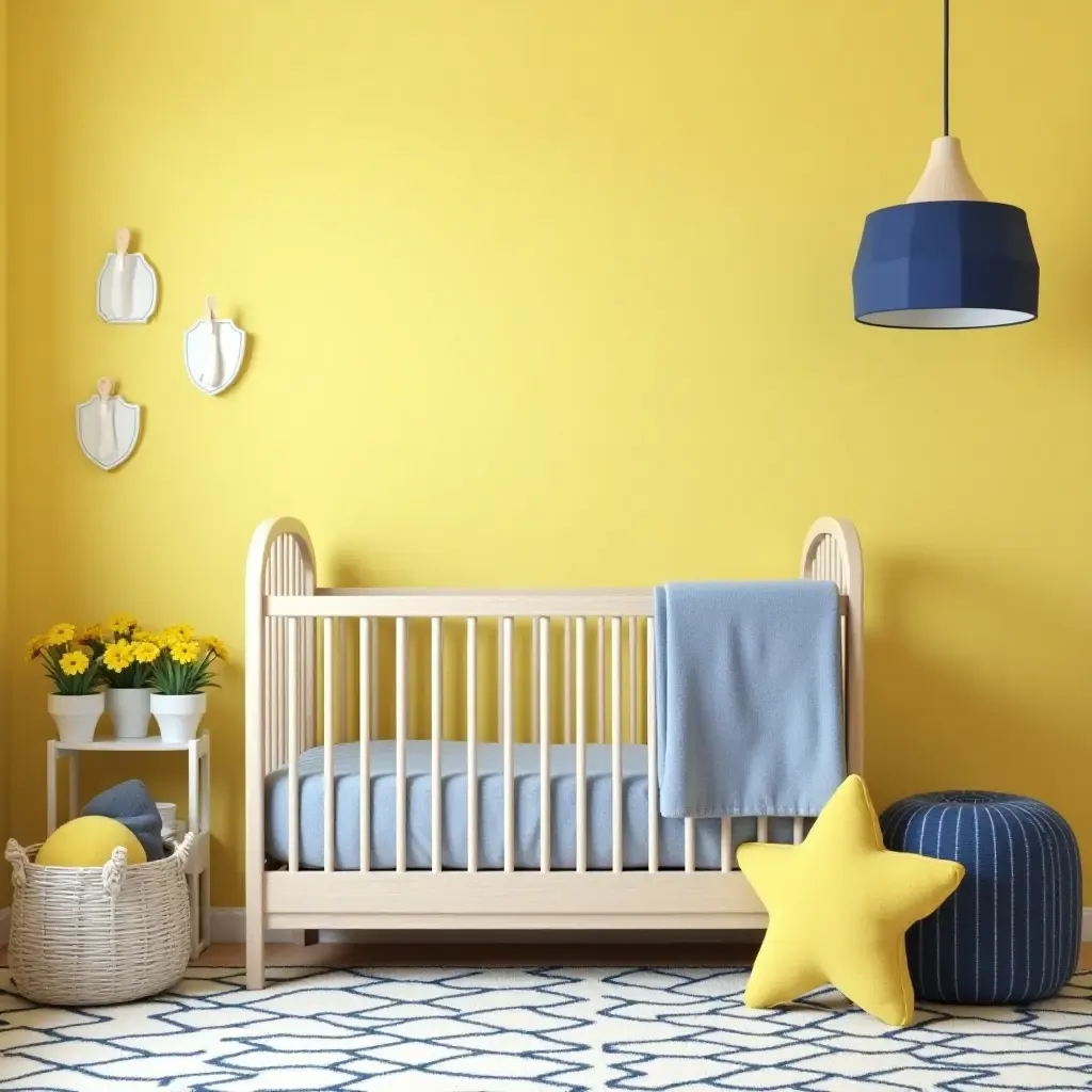 a photo of a nursery featuring bright yellow and navy blue accents