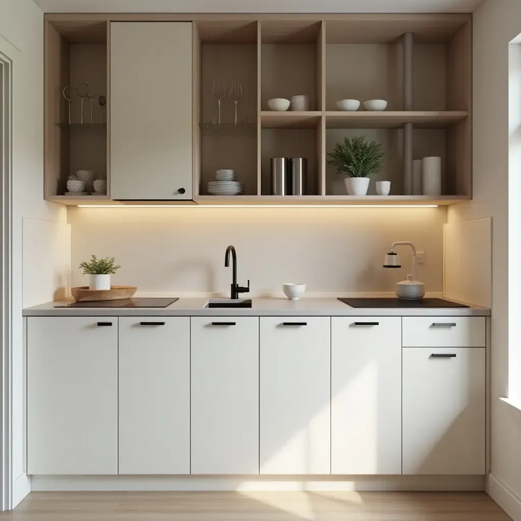 a photo of a compact kitchen with efficient storage solutions and a calming palette