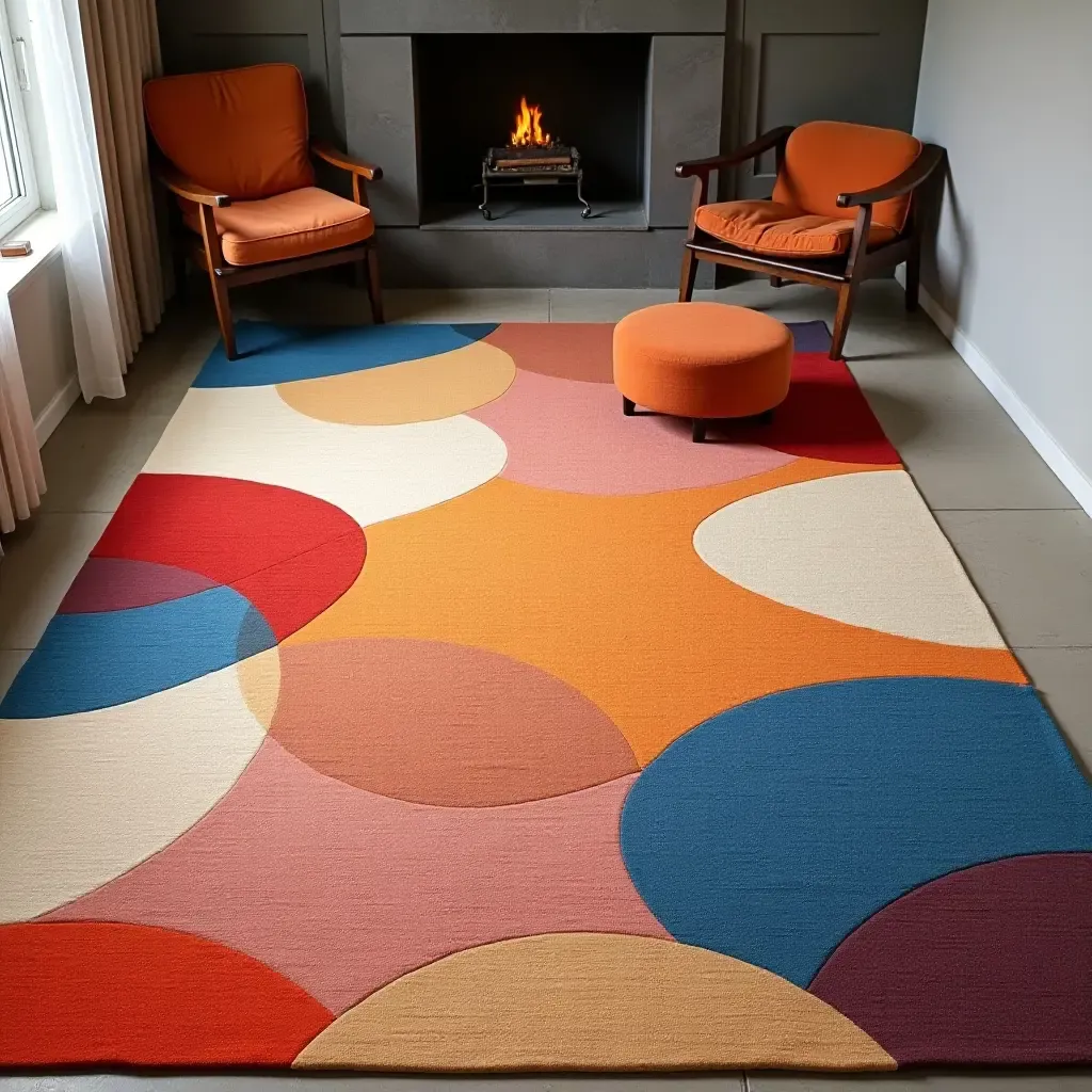 a photo of a vibrant abstract rug with bold colors in a cozy space