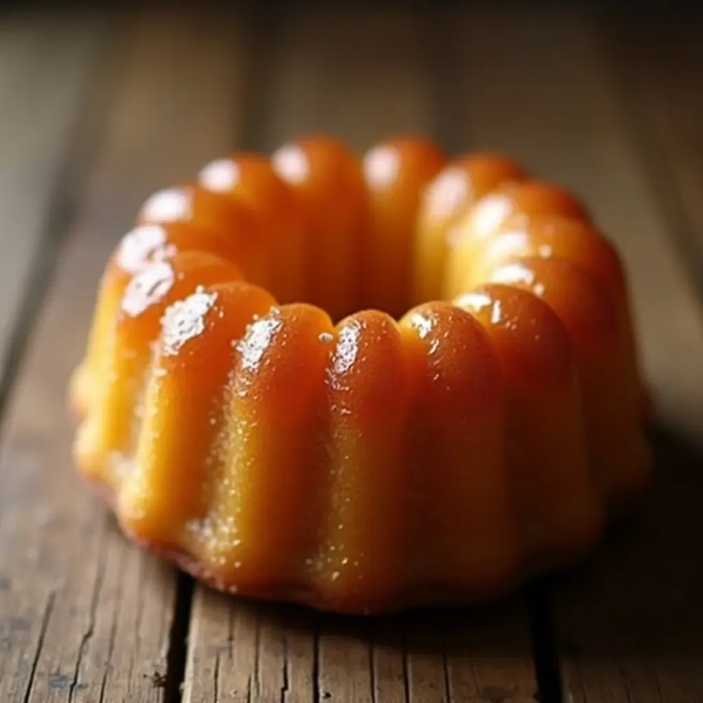 a photo of a freshly baked canelé with a caramelized crust, on a rustic wooden table.