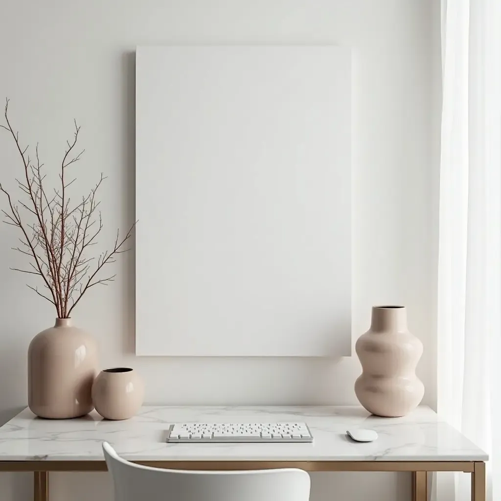 a photo of a minimalist workspace with marble desk and elegant decor