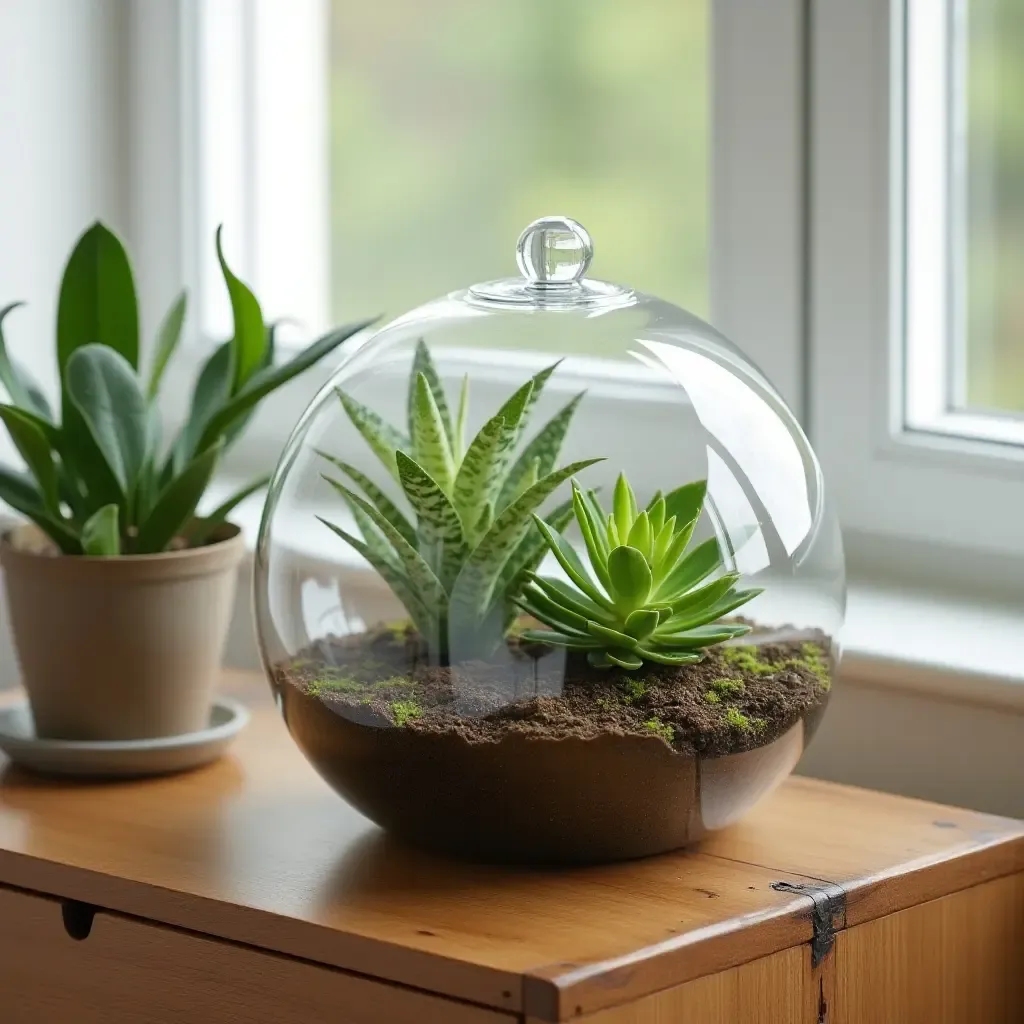 a photo of a plant-filled terrarium on a dresser