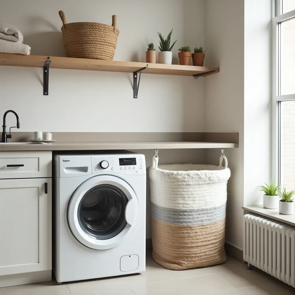 a photo of a laundry room showcasing a creative laundry basket solution