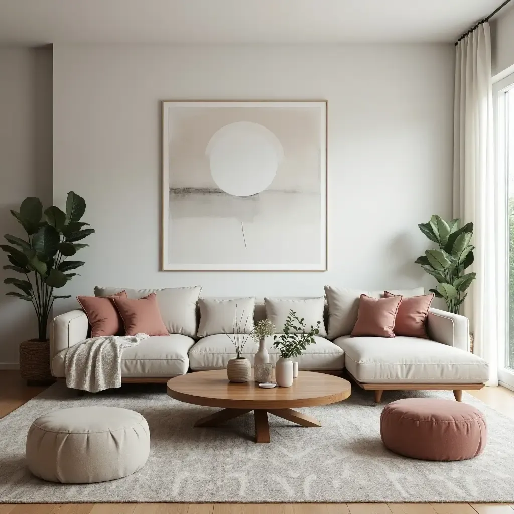 a photo of a chic living room with a vintage coffee table and modern sectional sofa