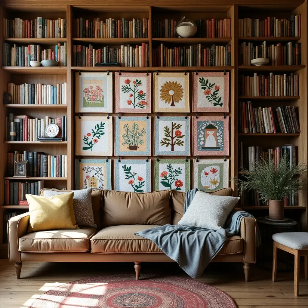 a photo of a library wall decorated with handmade quilts