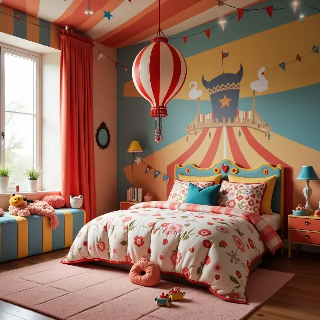 a photo of a circus-themed bedroom with bright colors and playful decor