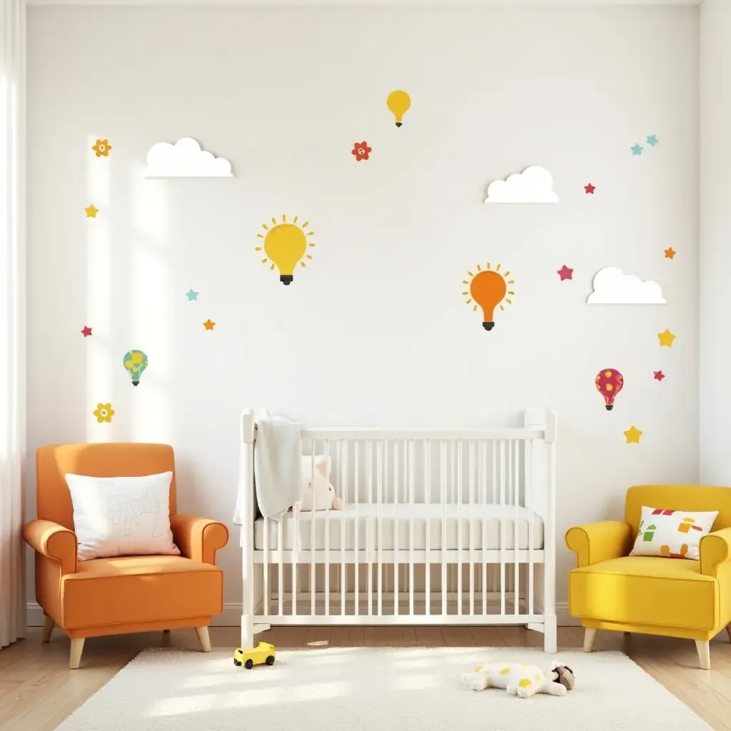 a photo of a playful nursery with colorful wall decals and bright furniture