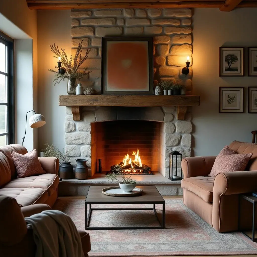 a photo of a cozy fireplace with rustic mantle decor and comfortable seating