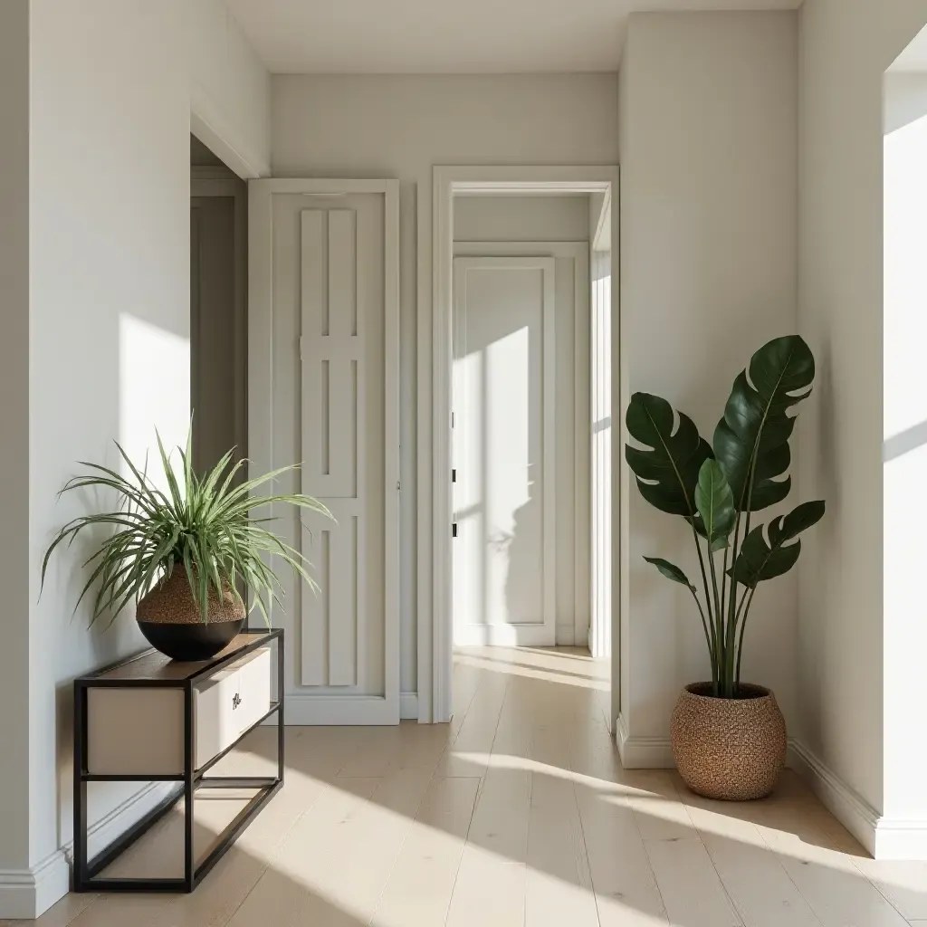 a photo of a stylish foyer with a decorative plant bowl on a table