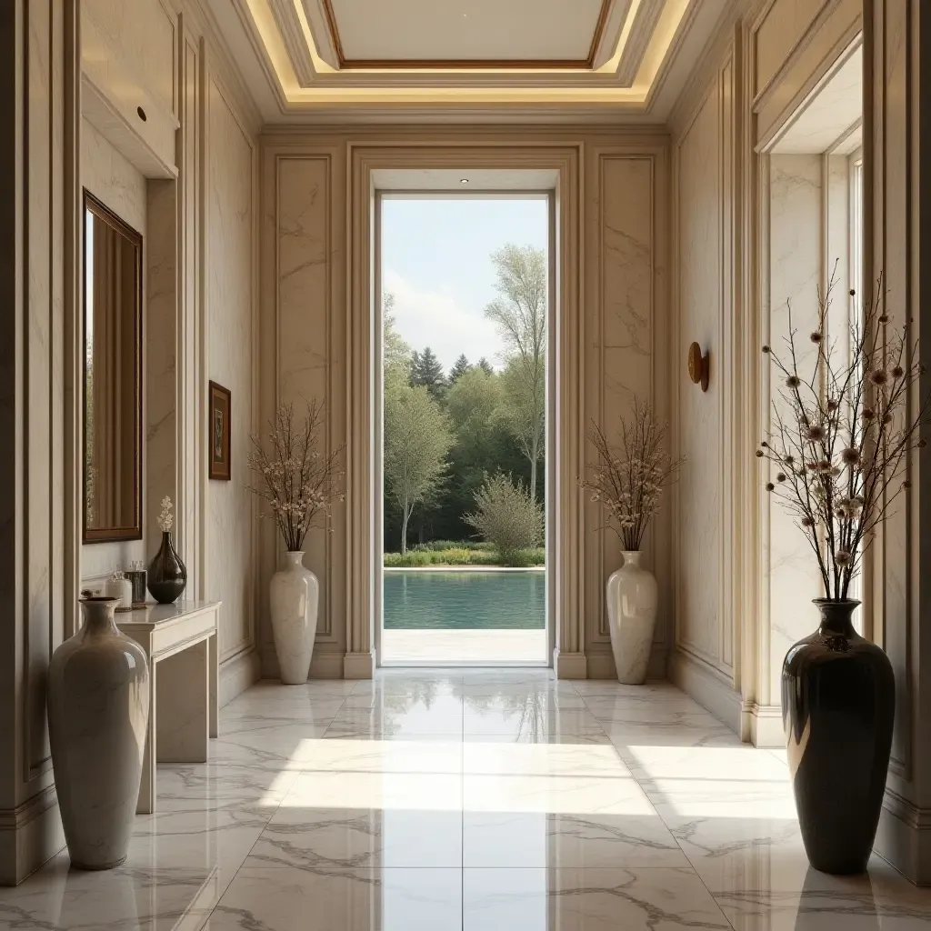 a photo of an opulent marble entrance with decorative vases and mirrors