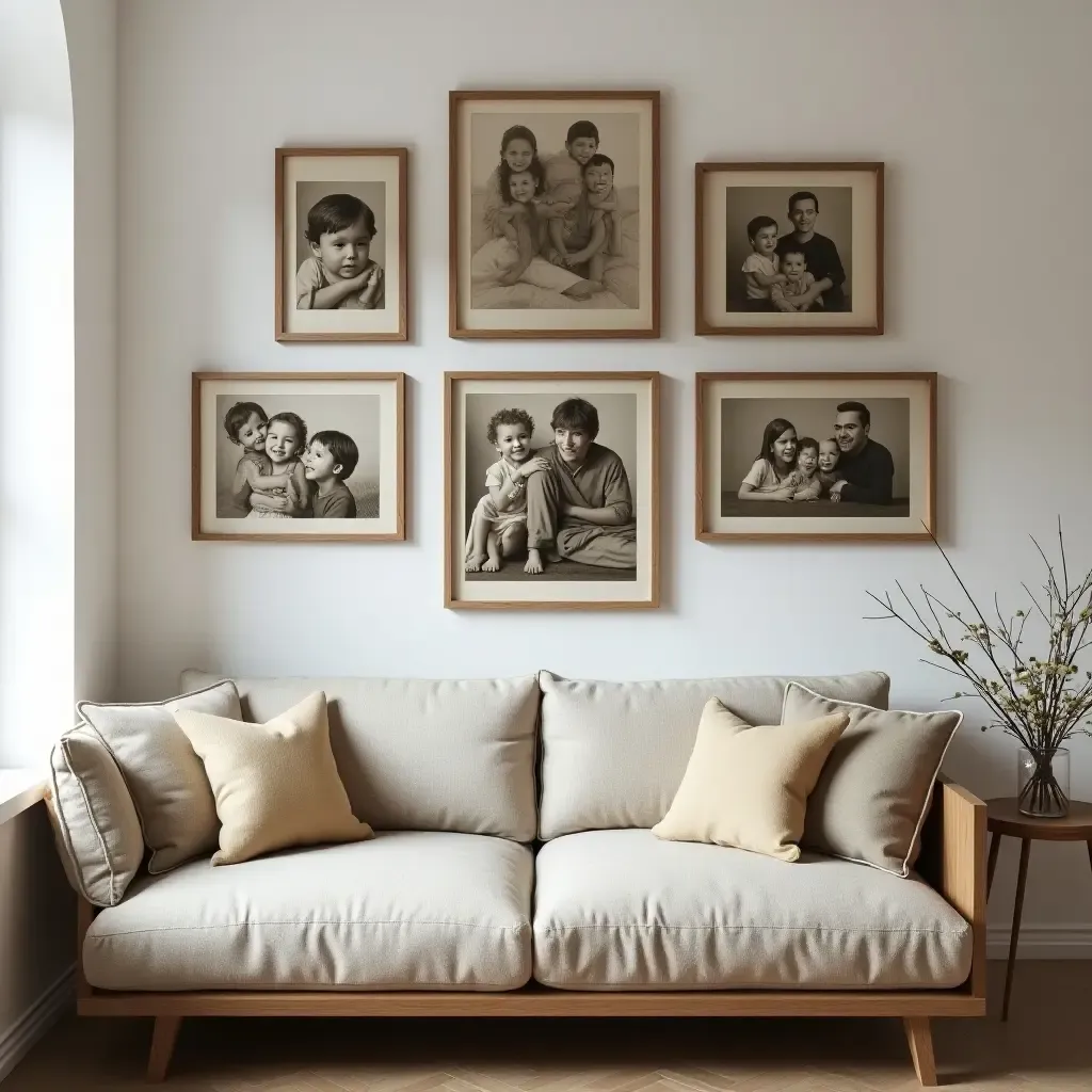 a photo of a nostalgic family photo wall with vintage frames