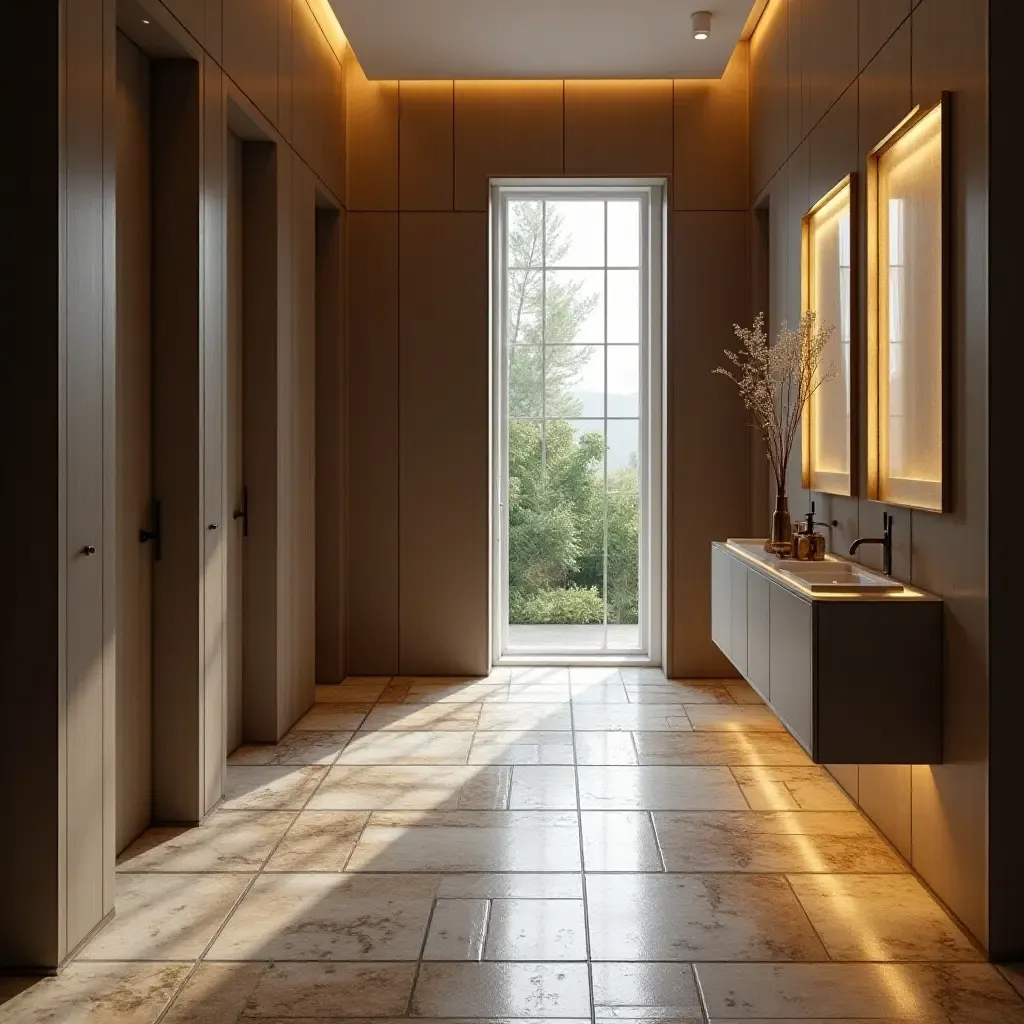 a photo of an entrance hall with metallic accents in floor tiles