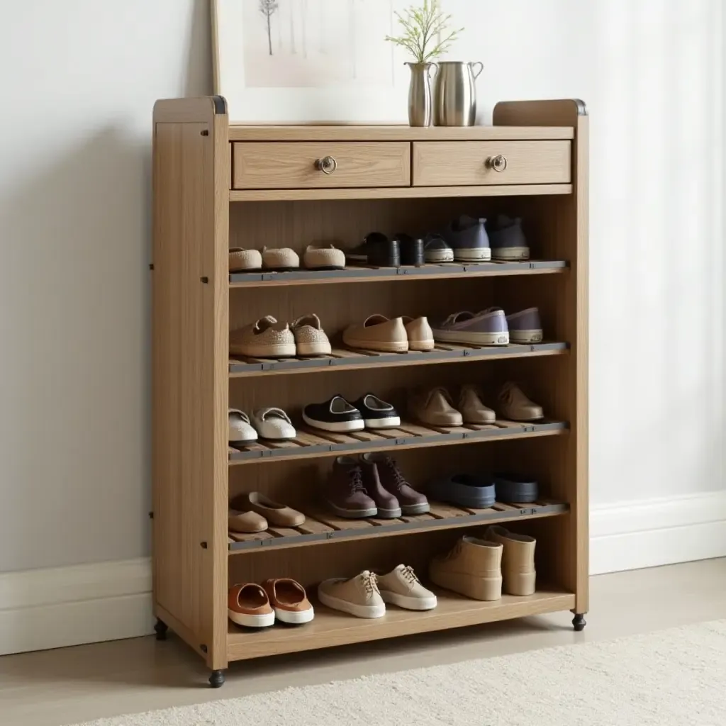 a photo of a wooden shoe rack with metal accents