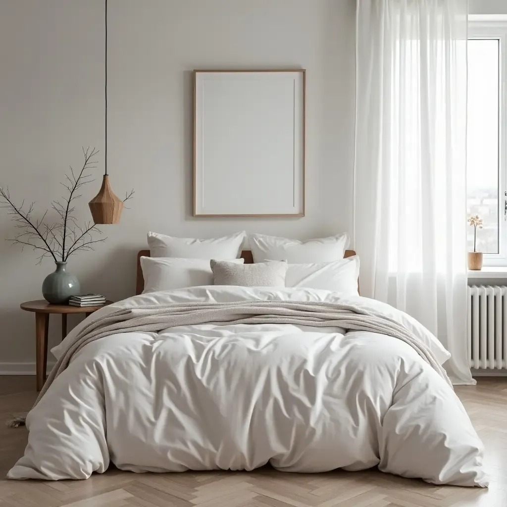 a photo of a Scandinavian bedroom with layered bedding and soft textures