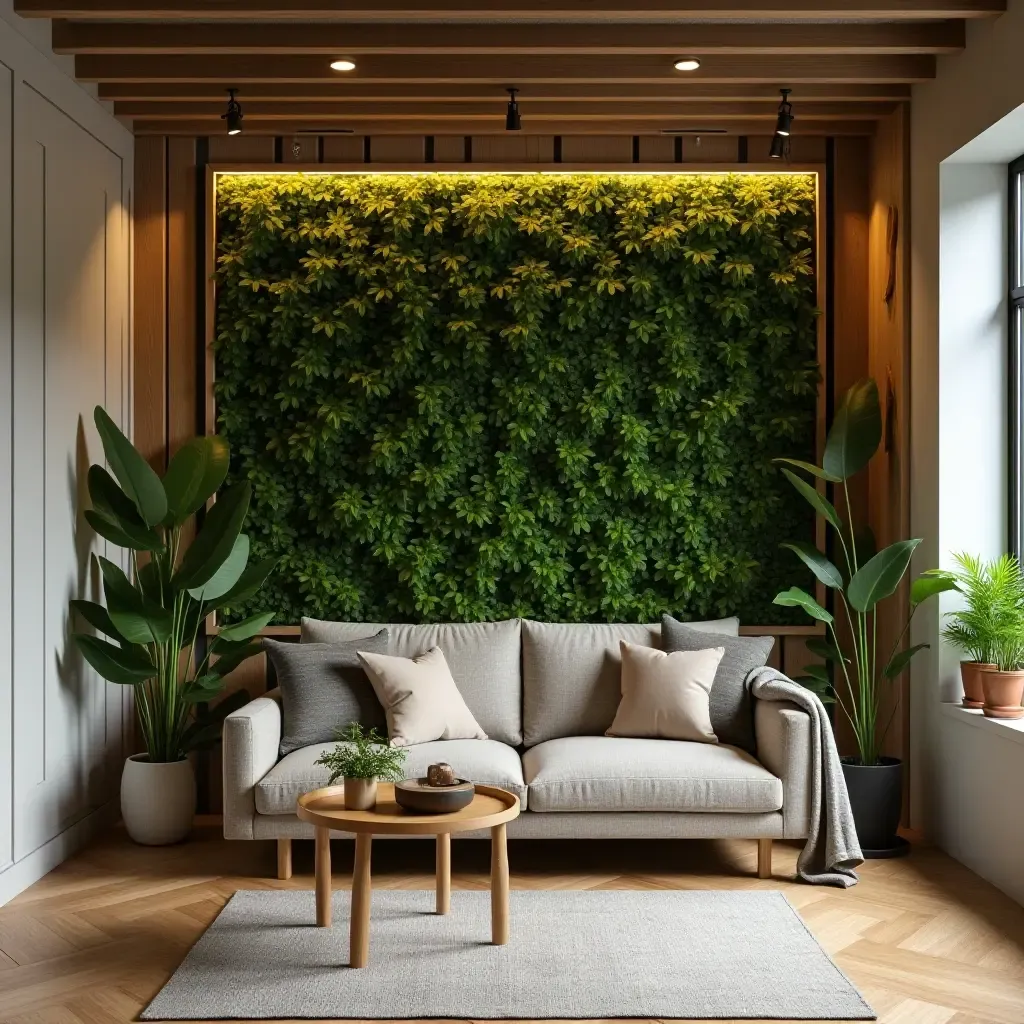 a photo of a basement with a stylish green wall planter