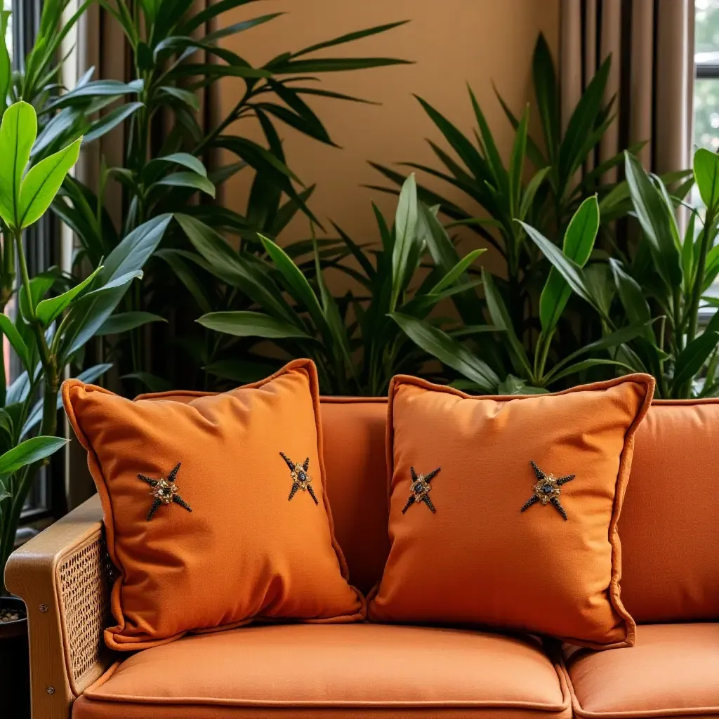 a photo of a lively space with burnt orange pillows and vibrant green plants