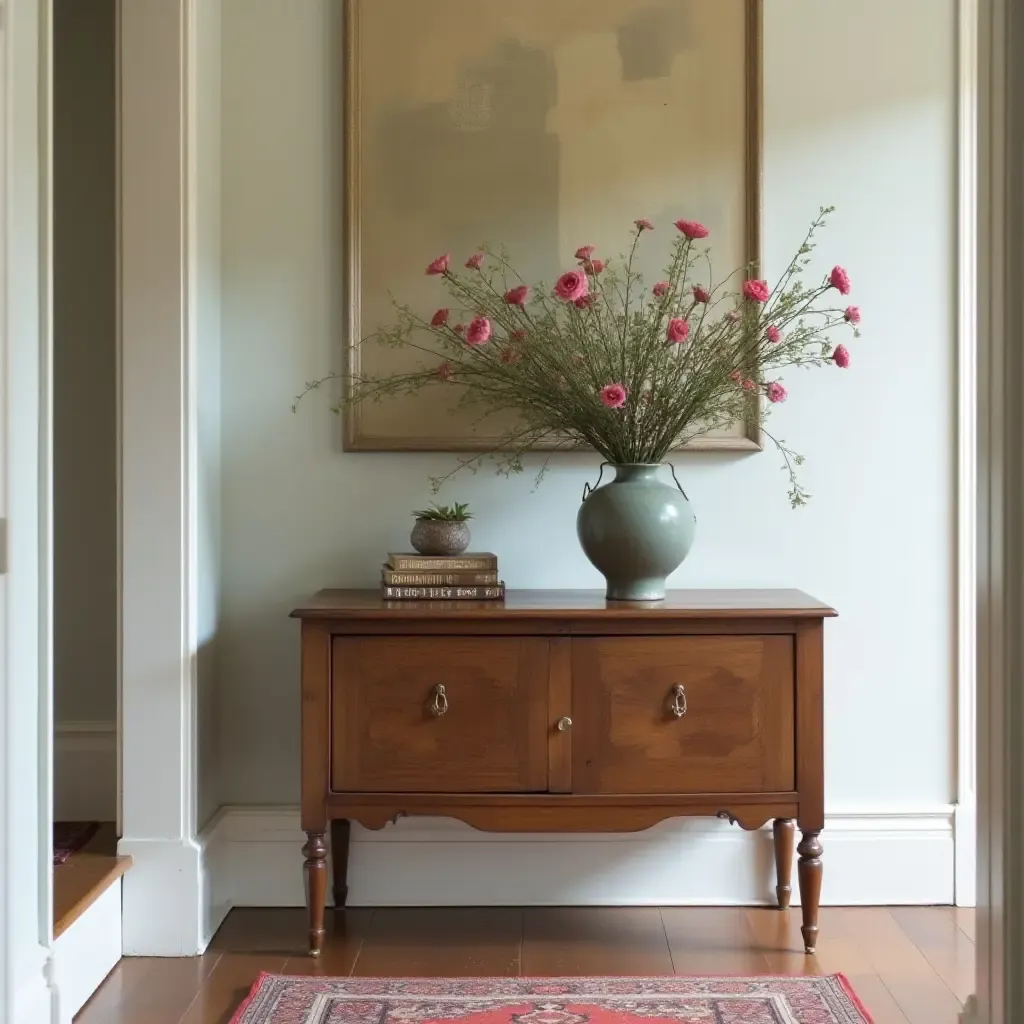 a photo of a vintage side table with fresh flowers in an entrance