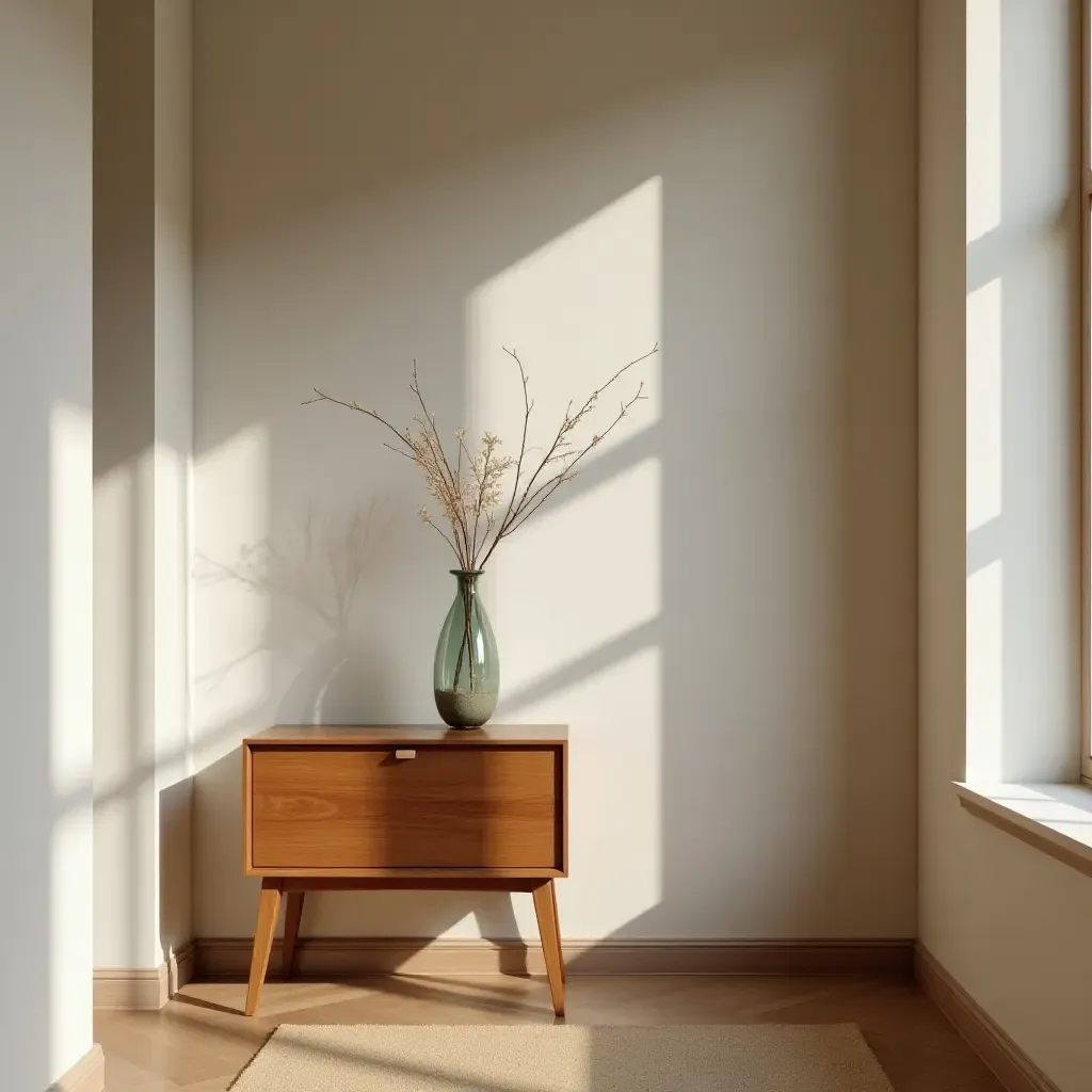 a photo of a retro side table with a vase in a hallway