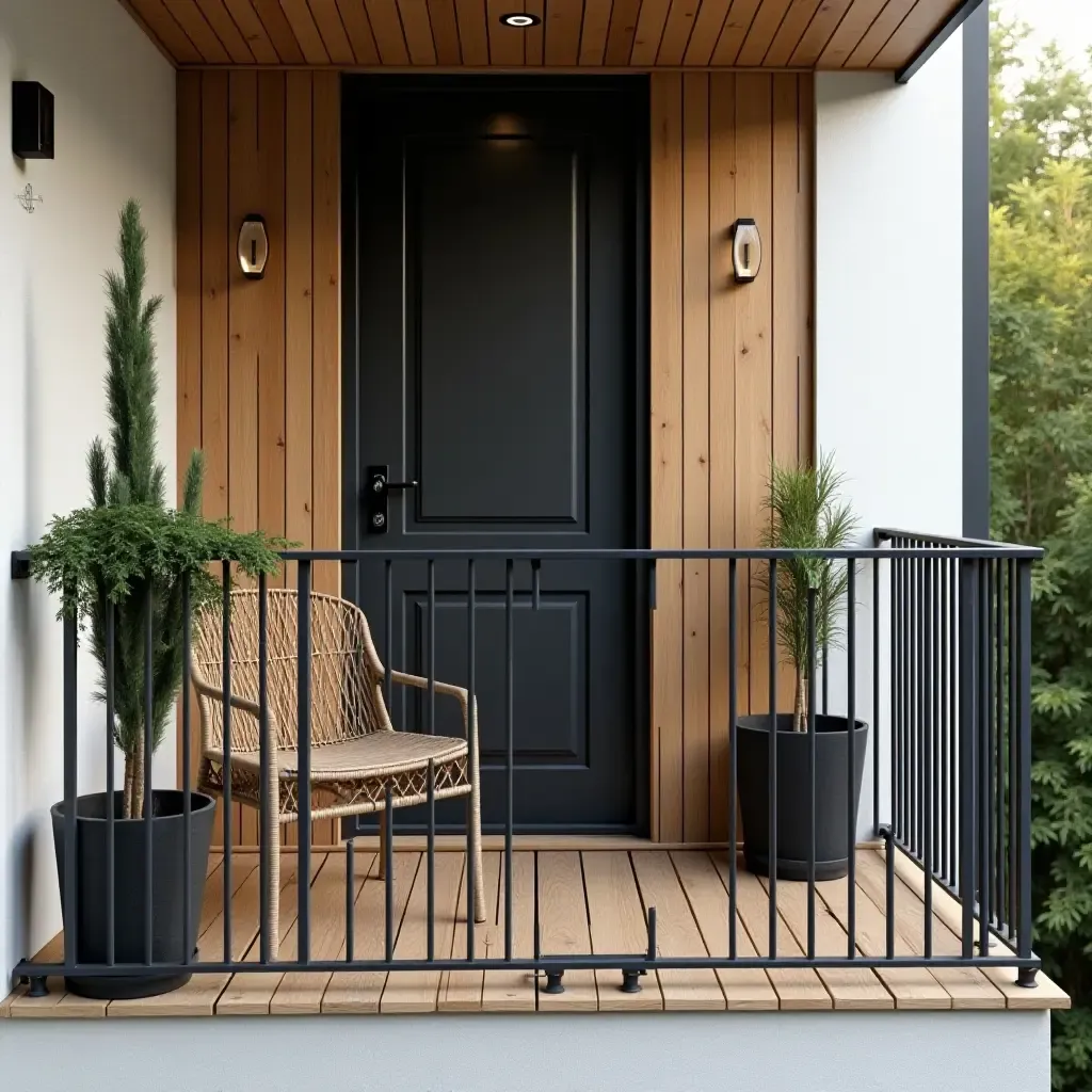 a photo of a balcony featuring a mix of metal and wood decor elements