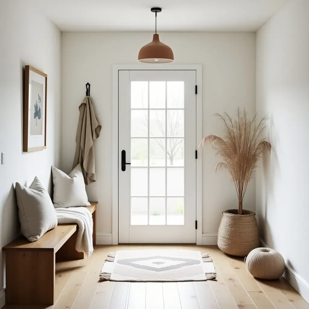 a photo of a bright entryway featuring Scandinavian decor and a welcoming vibe