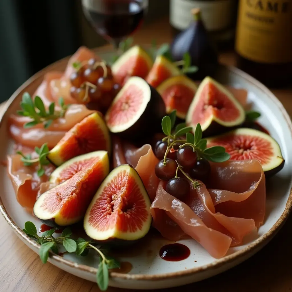 a photo of an elegant antipasto platter with figs, prosciutto, and balsamic glaze.