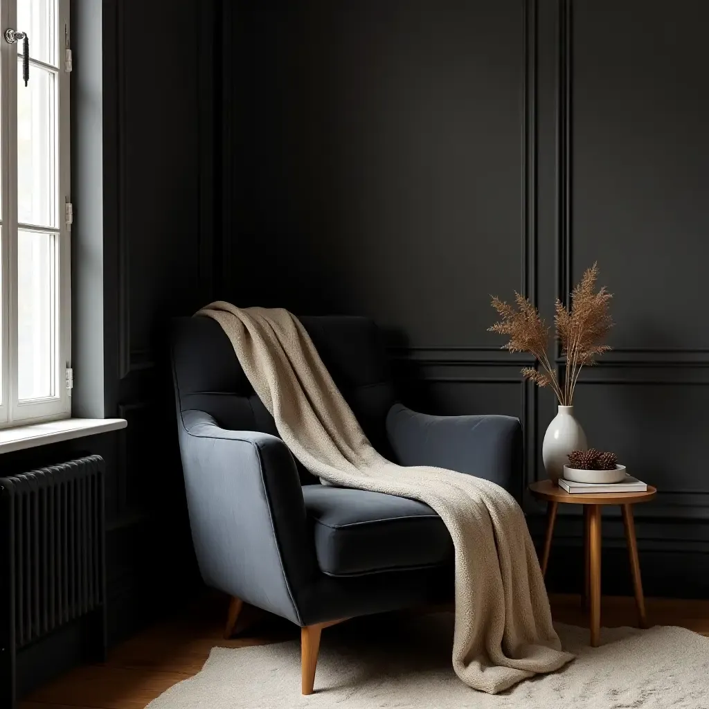 a photo of a cozy corner with a dark velvet armchair and a throw