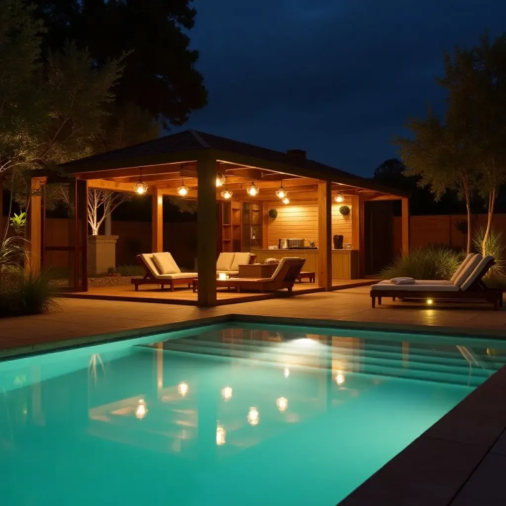 a photo of a cozy poolside lounge with warm pendant lighting