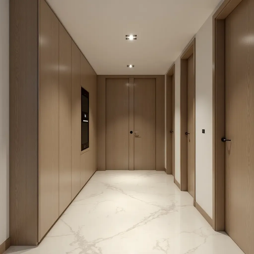 a photo of a stylish basement entryway with minimalist design