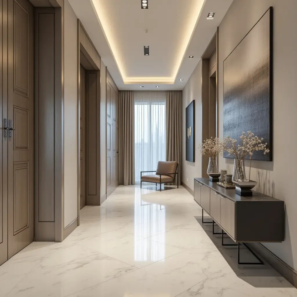 a photo of a modern entrance hall featuring silver metallic decor