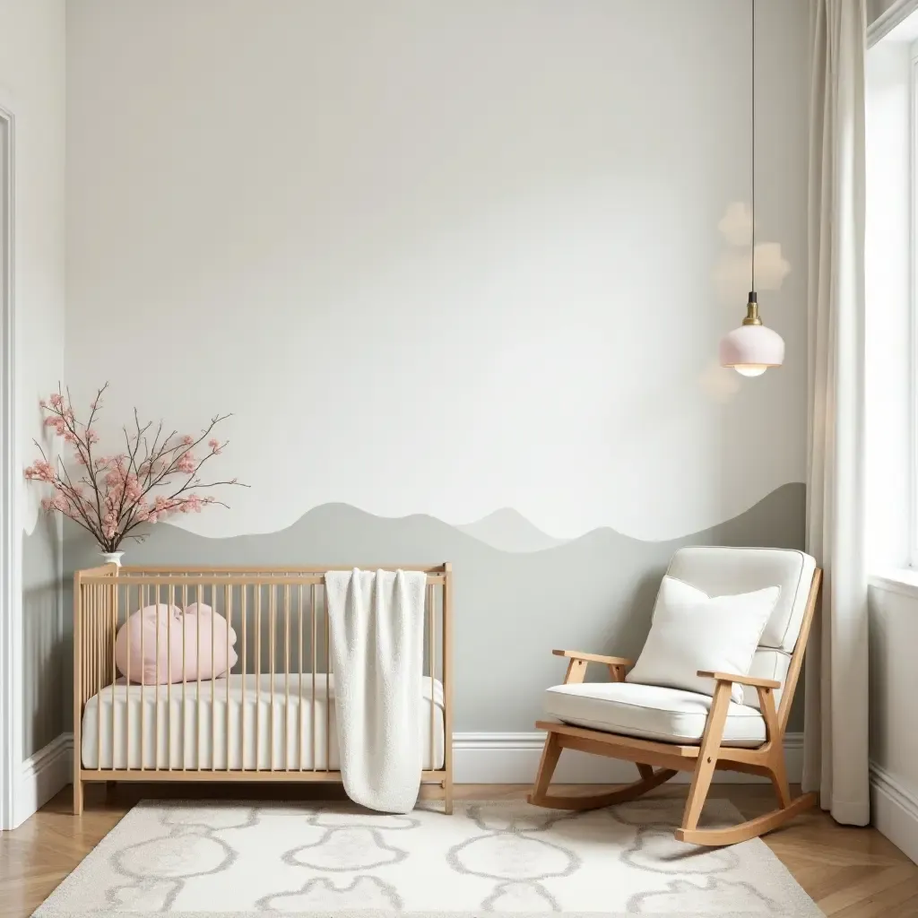 a photo of an elegant nursery with a rocking chair and nature-inspired themes