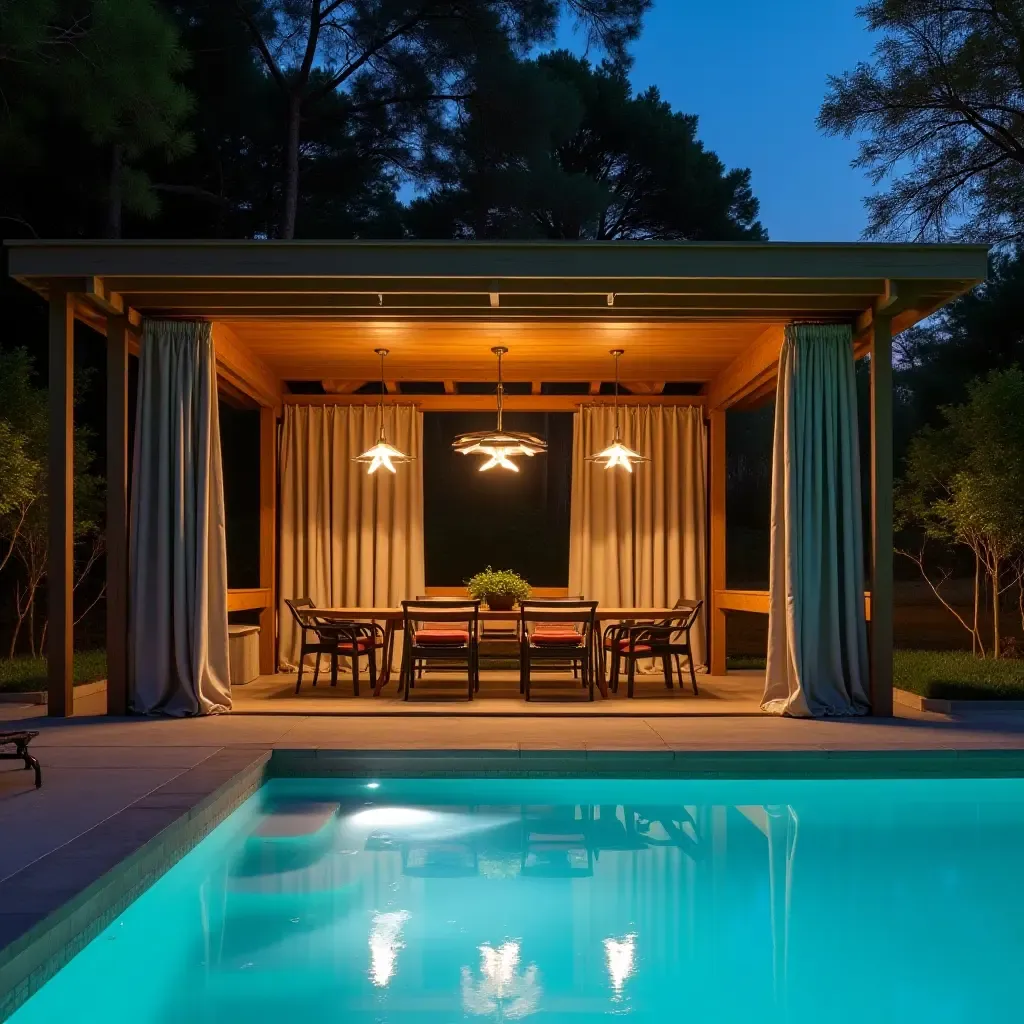 a photo of a poolside cabana adorned with stylish pendant lighting