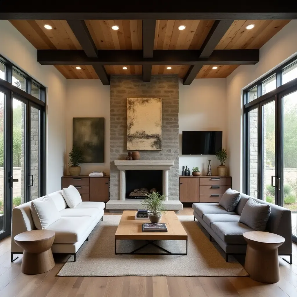 a photo of a cozy living room featuring reclaimed wood furniture and steel beams