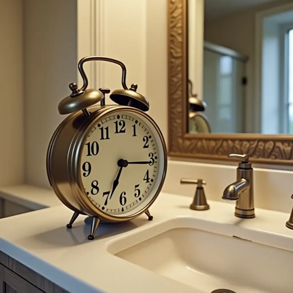 a photo of a vintage clock on a bathroom countertop