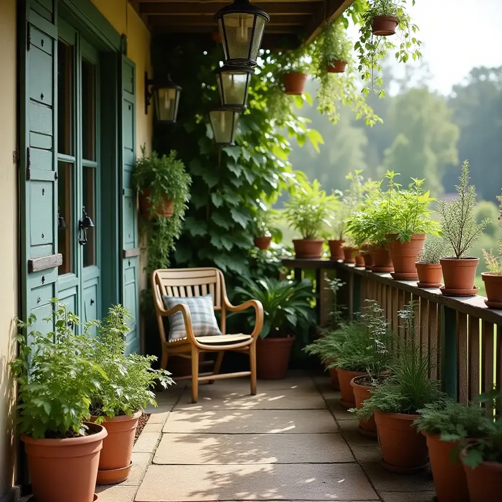 a photo of a vintage balcony with a small herb garden and rustic decor