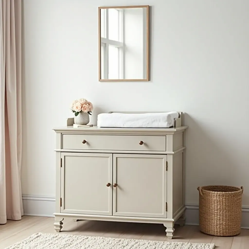 a photo of a chic changing table with decorative storage and accessories